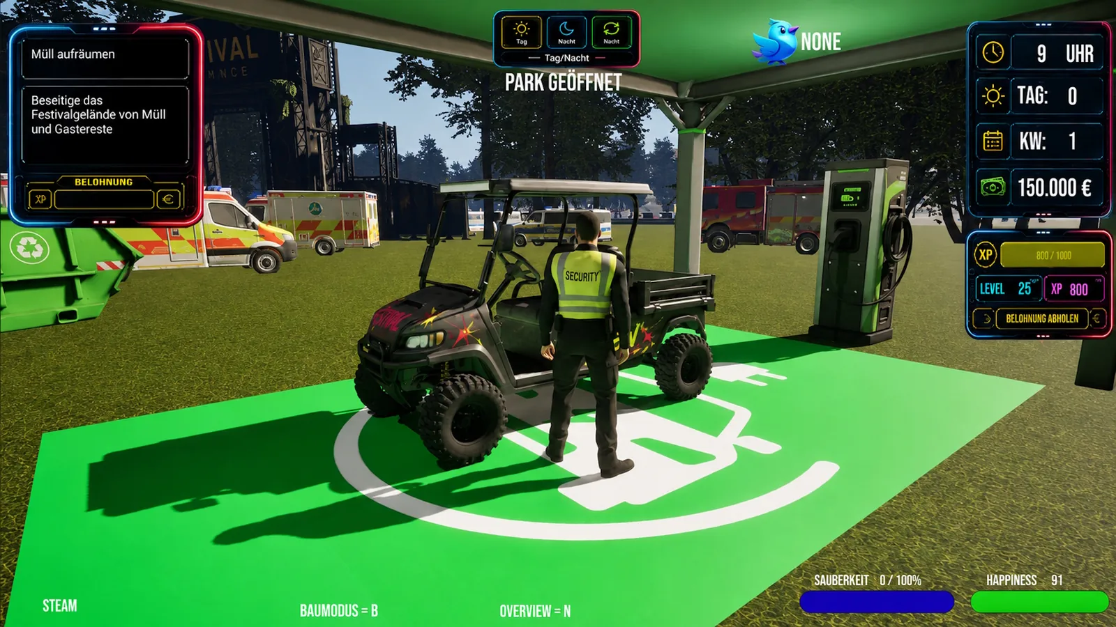Gameplay: Sicherheitsmitarbeiter und Fahrzeug auf dem Festivalgelände