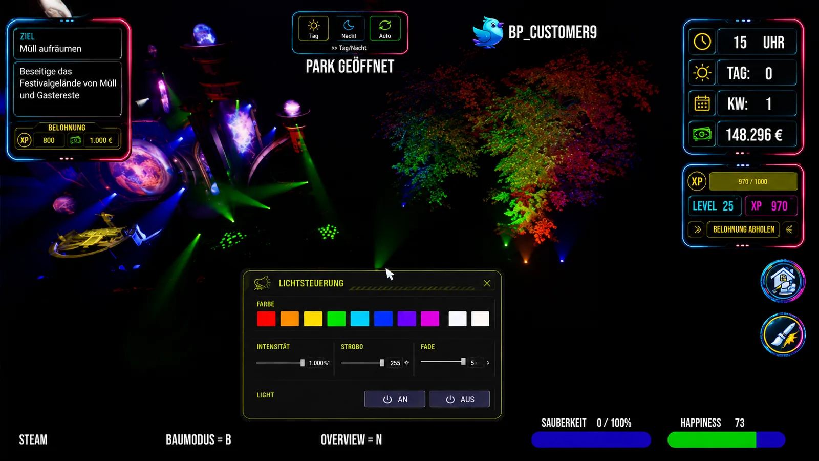 Gameplay: Farb- und Lichtsteuerung vor einer beleuchteten Festivalbühne
