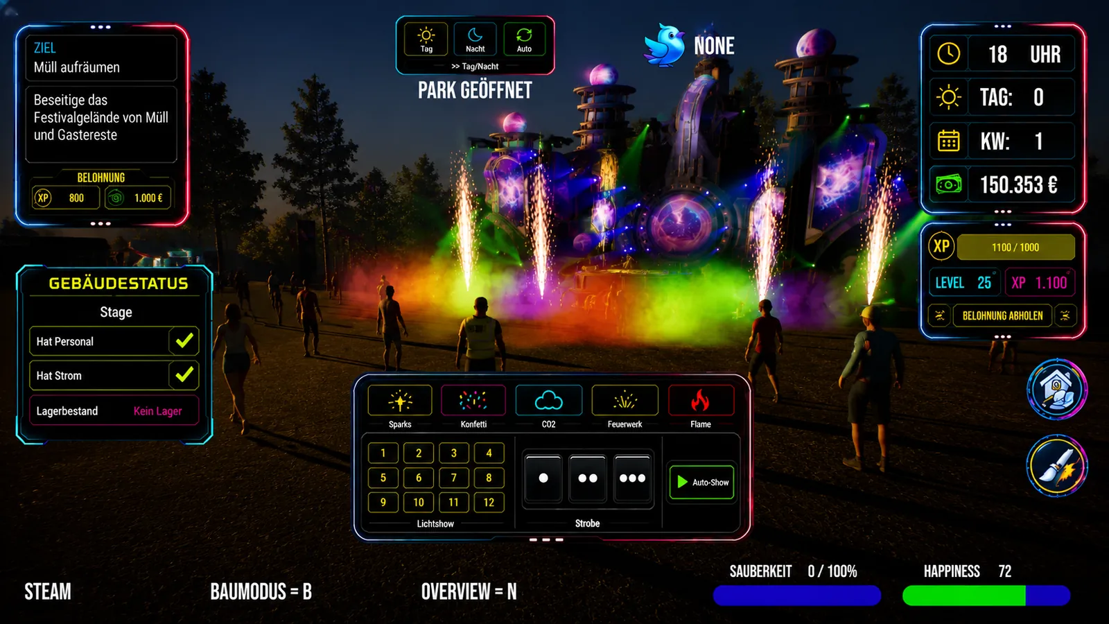 Gameplay: Große Festivalbühne bei Nacht mit Lichtshow, Feuerwerk und Steuerung der Bühneneffekte